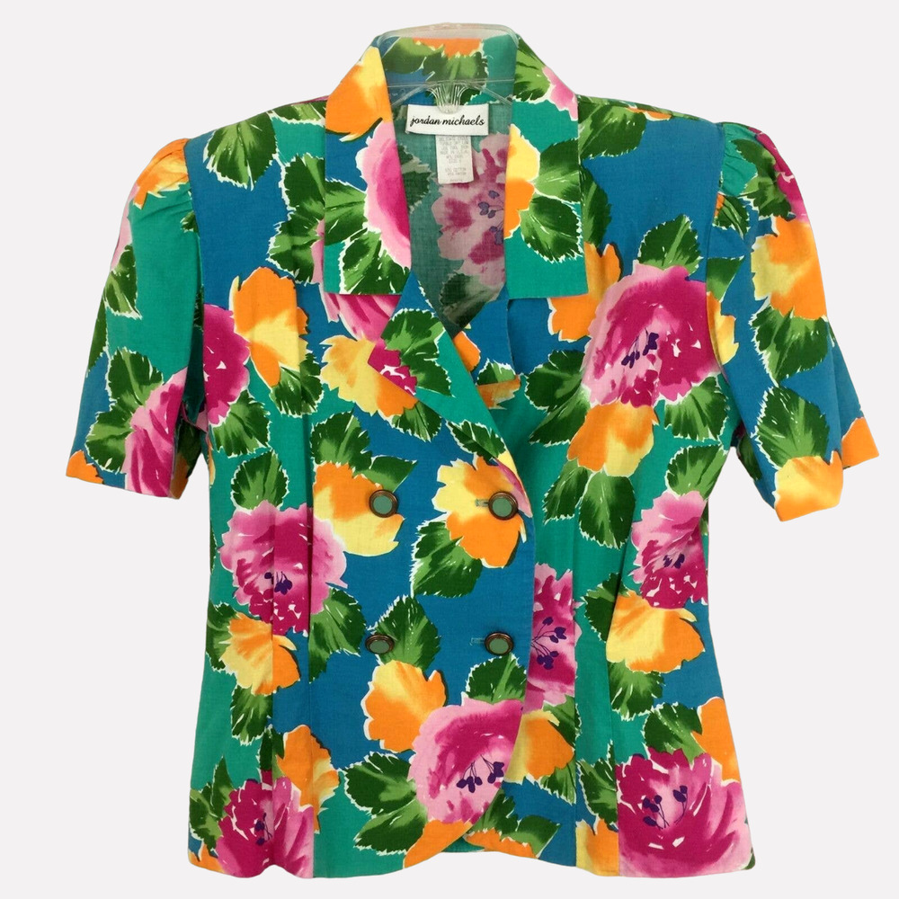 Jordan Michaels USA Summer Jacket 6P Colorful Hawaiian Floral Vintage 80s